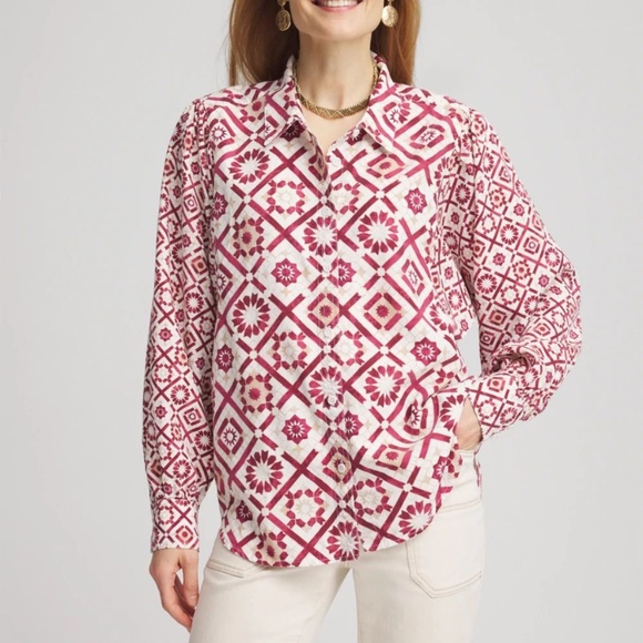 Chicos size 3 16R button up shirt dolman sleeve tencel white red geometric - Picture 1 of 15